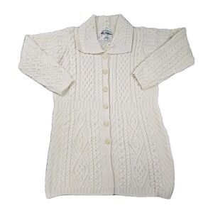 Aran‎ Crafts Merino Wool Cable Knit Cardigan Womens L Long Cream Ireland NWT